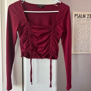 Red Ruched Crop Blouse with Long Sleeves